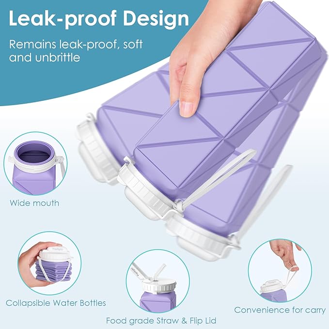 Collapsible Water Bottles 20.7oz Leakproof with Straw Lid Food-Grade BPA-Free Silicone Travel Foldable Water Bottles for Sports Office Gym Hiking Driving 610ML (Type2 Light Purple)