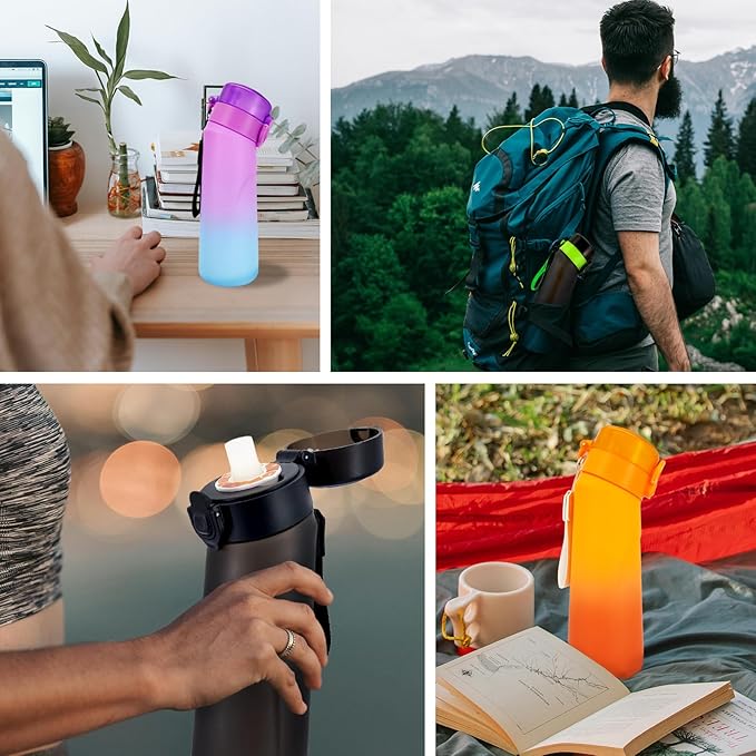 Air Water Bottle with Flavor Pods, 25 OZ Tritan Sports Water Bottle with Straw, Scented Water Bottle with Handle (Black Green+7 Flavor Pods)