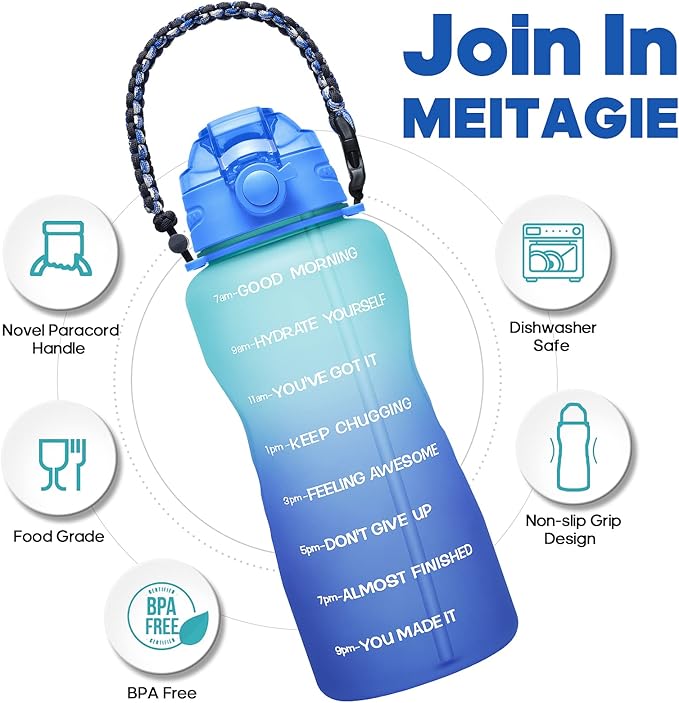 Water Bottles 1 / Half Gallon with Time Marker and Straw, Large Fitness Sports Motivational Bottle, Wide Mouth Leakproof and BPA Free for Travel, Gym,office,school