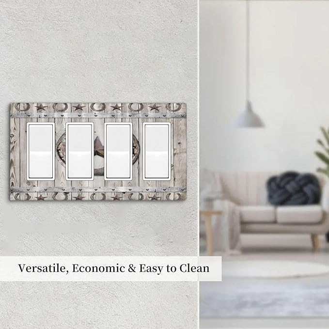 Rustic Western Wood Barn Door Horseshoe Iron Star 4 Gang Rocker Decora Light Switch Cover Outlet Covers Wall Plate Decorative Switchplate Electrical Faceplate GFCI for Farmhouse Bedroom Decor