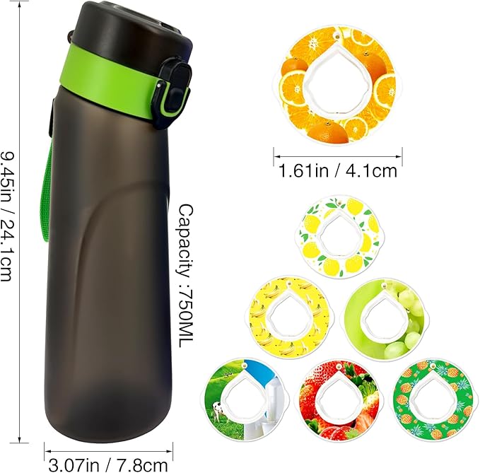 Air Water Bottle with 7 Flavor Pods, 750ML Large Capacity Drinking Bottle,Sports Water Cup with Straw Suitable for Gym and Outdoor Games(Black-Green+7Pods)