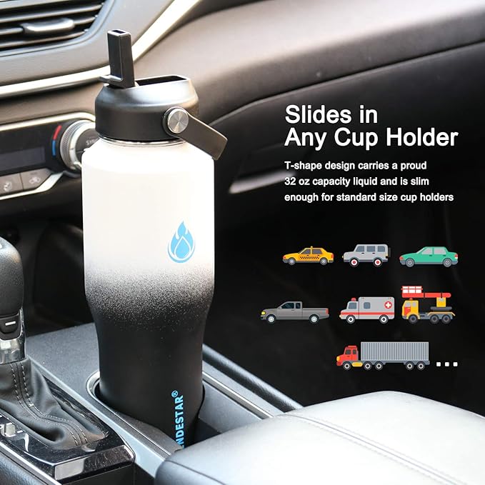 SENDESTAR Water Bottle 32oz,2 Lids(Straw lid),Wide Mouth Stainless Steel Vacuum Insulated Double Wall Keep Liquids Cold or Hot All Day,Sweat Proof Sport Design,Fit Car Cup Holder(Day&Night)