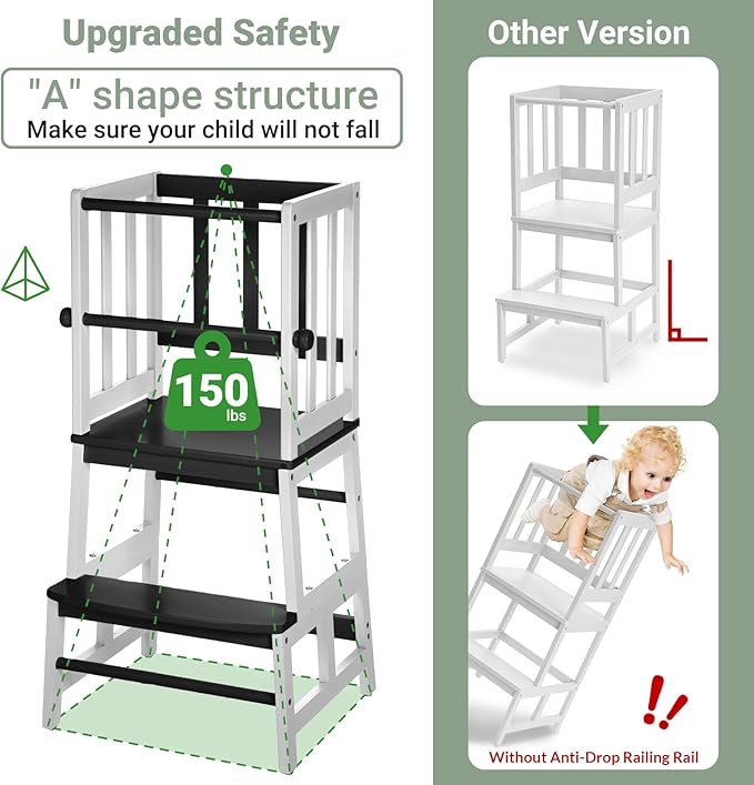 COSYLAND Kids Kitchen Step Stool, Toddler Standing Tower with CPC & FSC Certification, Removable Anti-Drop Railing Safety Rail Enjoys Unique Patented Design A Anti-tip Stable Structure Black & White