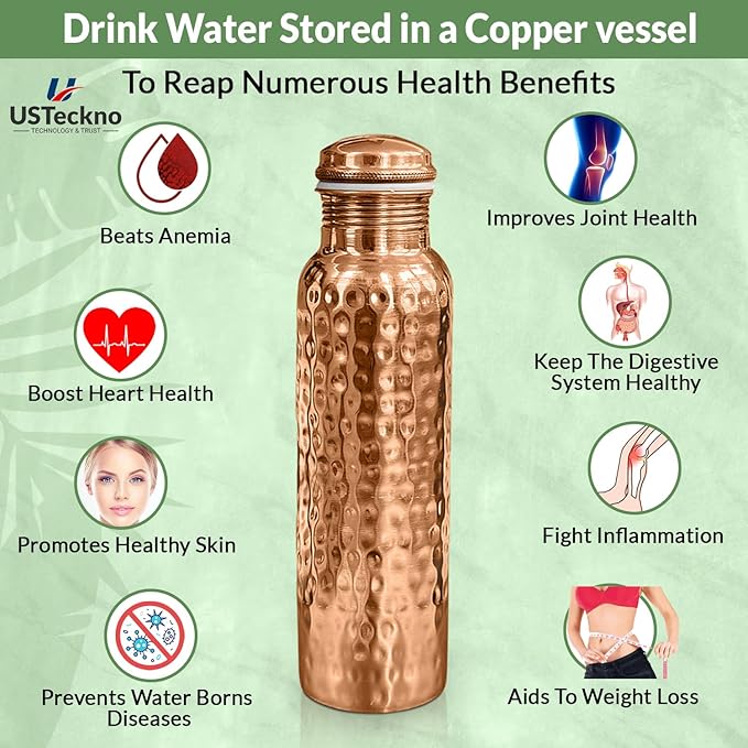 Copper Water Bottle - 34 Oz Extra Large Hammered Ayurvedic Copper Bottle for Travel,Yoga,Gym Lower Your Sugar Intake And Enjoy Health Benefits Immediately. Lab Tested (Hammered Finish)