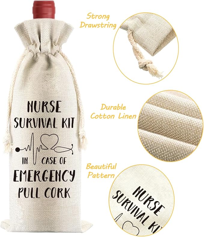 PLIGREAT 4 Pcs Cotton Linen Wine Bags, Reusable Wine Gift Bags with Drawstrings, Wine Bottle Bags Bulk Congrats Gifts Bags for Nurses Thanksgiving Christmas Gifts Bags, Fun Quotes Wine Bag