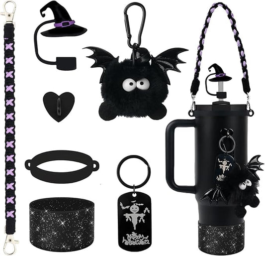 BELSITA Stanley Cup Accessories Set, Black Bird Chain Braided Design Water Bottle Handle Strap, Black Glitter Silicone Stanley Cup Boot, Stanley Charms for Stanley Cup 30/40oz Tumble (Halloween 2)