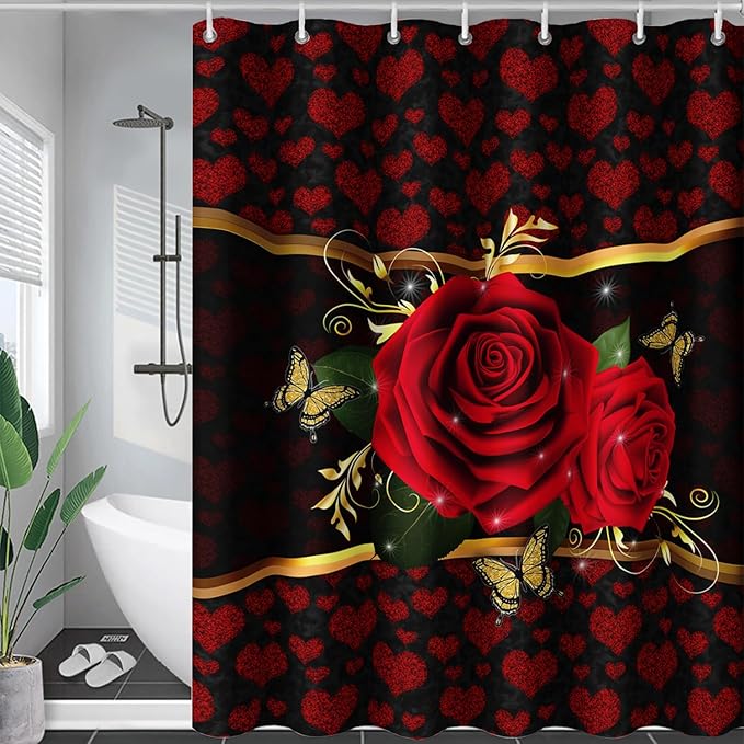 AILONEN Red Rose Shower Curtain for Bathroom, Romantic Flower Rose 3D Printed Valentine Wedding Bathroom Decor Hearts Curtain,60" W*72" H Polyester Waterproof Bath Curtain with 12 Hooks