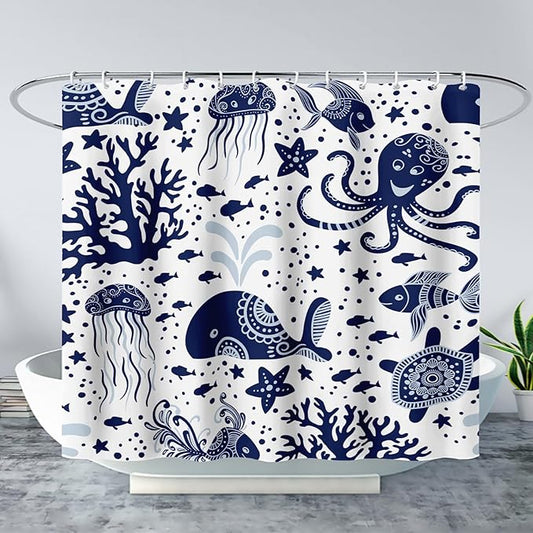 AILONEN Cartoon Dolphin Shower Curtain for Kids 36" W*72" H Inch,Blue Whales Octopuses Turtles Pattern Shower Curtain,Ocean Life Theme 12 Pack Hooks Polyester Waterproof Fabric Decor for Bathroom