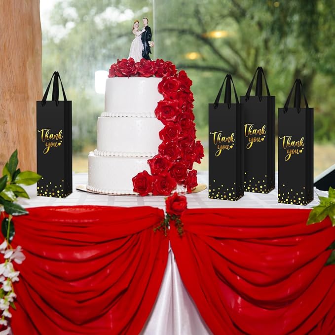 Ctosree 30 Pcs Wine Gift Bag for Wine Bottle Wedding Wine Thank You Gift Bag with Metallic Gold Foil Print Kraft Wine Paper Favor Bag with Attractive Rope Handle for Graduation Bottle(Black)