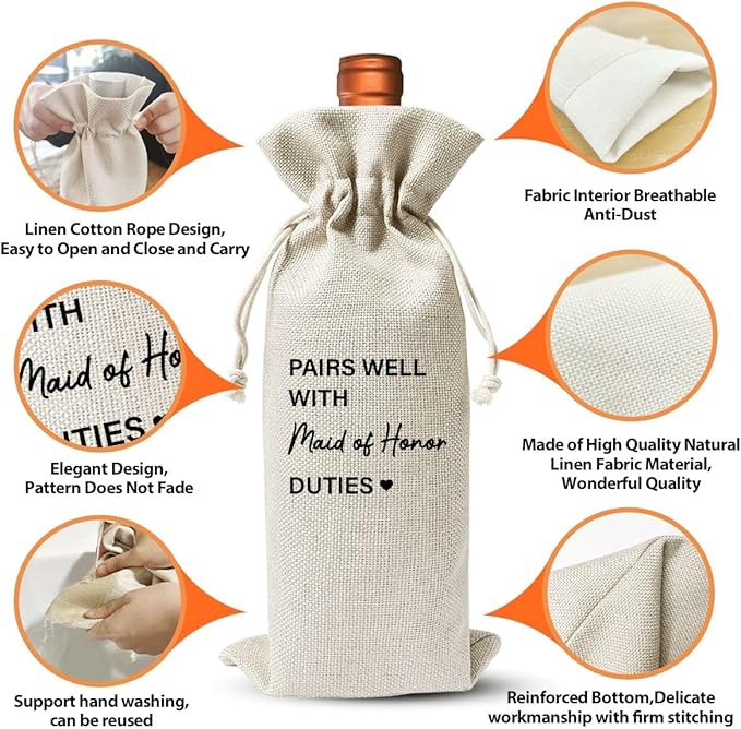 EUFJDKSL Maid Of Honor Wine Bag Gift For Bridesmaid Her Him Best Friend Women Girl, Engagement Or Bachelorette Party Favor decoration, Bridal Shower, Reusable Drawstring Wine Bottle Bag