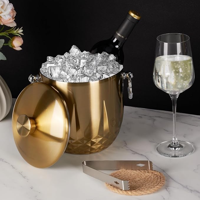 Ice Bucket with Lid, 3L Double Wall Stainless Steel Ice Bucket Keeps Frozen Longer, Insulated Ice Bucket with Tong and Strainer, Perfect for Parties, Cocktail bar, Wine, Champagne, Gold