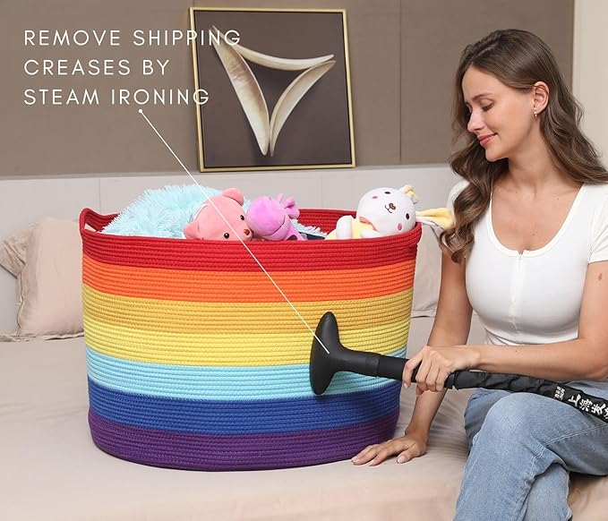24" x 24" x 17" Max Size Large Cotton Rope Basket, Extra Large Storage Basket, Woven Laundry Hamper, Cloth Storage Bin, for Blankets Clothes Towels Pillows in Living Room, Rainbow