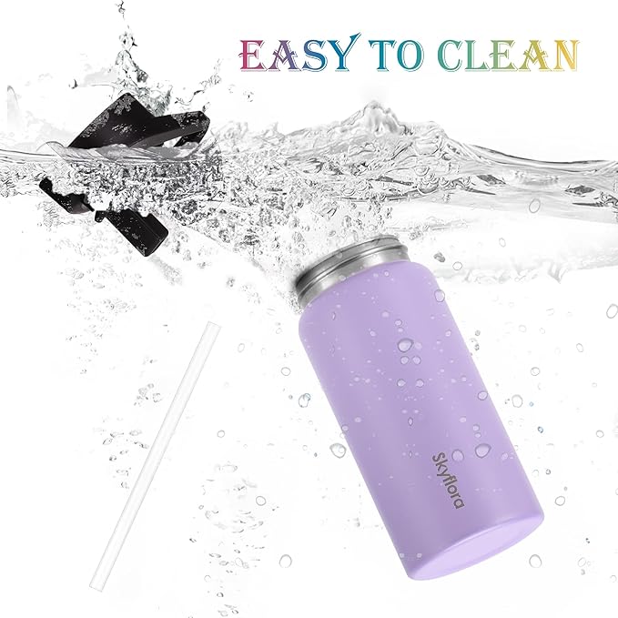 Kids Water Bottle with Straw 2 Pack, 16oz Water Bottles Bulk, Single Wall 18/8 Stainless Steel, Dishwasher Safe & Leakproof, Reusable Gift for Girls Boys to School Sports Travel Camping, Pink & Purple