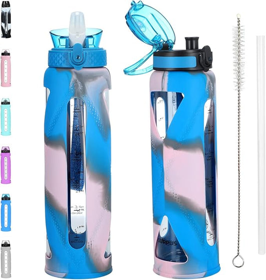 Glass Water Bottles with Straw and Flip Lid, Motivational Water Bottles with Time Marker Reminder and Silicone Sleeve, Leakproof, BPA Free (32 oz, Blue Grey & Pink)