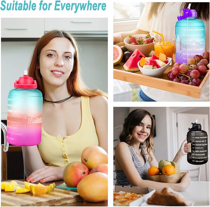 QuiFit Half Gallon Water Bottle - with Straw & Motivational Time Marker Leak-Proof BPA Free Reusable Gym Sports Outdoor Large(73OZ) Capacity Water Jug(Green/Purple Gradient,Half Gallon)