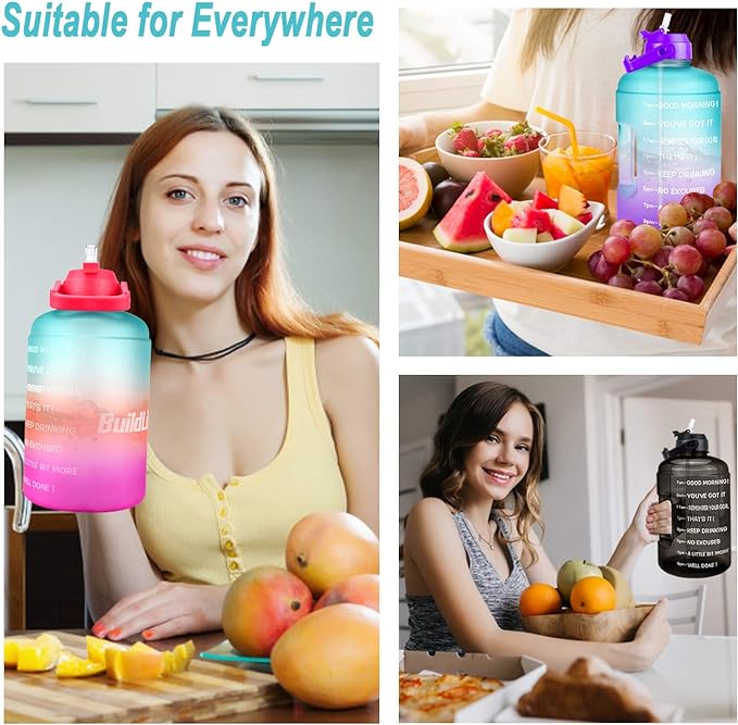 QuiFit 1 Gallon Water Bottle - with Straw & Motivational Time Marker Leak-Proof BPA Free Reusable Gym Sports Outdoor Large(128OZ) Capacity Water Jug(Black,1 Gallon)