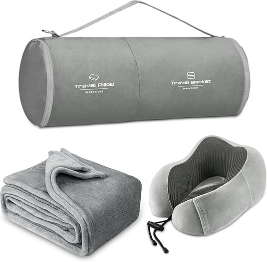 Travel Pillow and Blanket Set Neck Pillow Airplane Memory Foam for Traveling Compact with Bag Grey