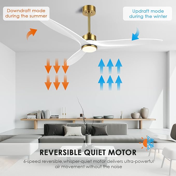 WINGBO 60 Inch DC Ceiling Fan with Lights and Remote Control, 3 Reversible Carved Wood Blades, 6-Speed Noiseless DC Motor, Modern Ceiling Fan in Brass Finish with White Blades