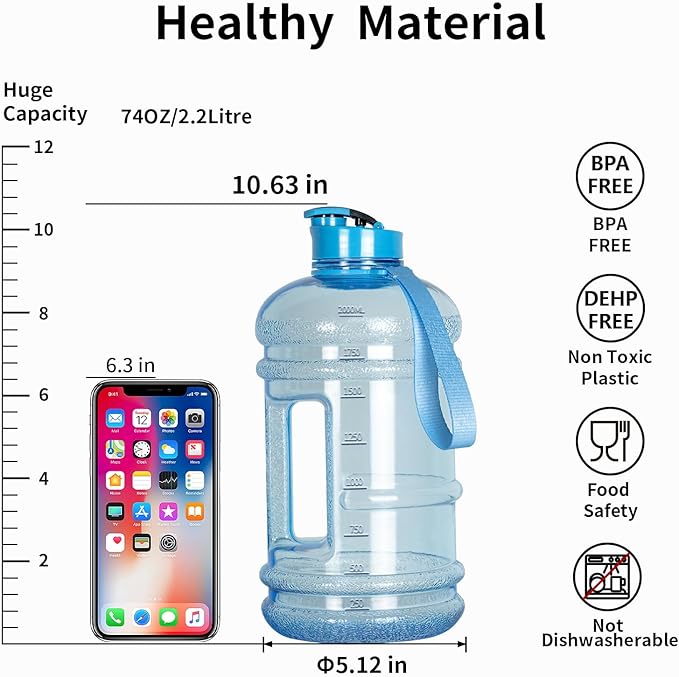TOOFEEL 2.2 Liter Gym Water Bottle - 100% Leak Proof Big Sports Water Bottle Larger than 74 oz Water Bottle with Visible Volume for Drinking (74oz Transparent Light Blue)