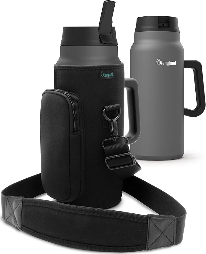64 oz Tumbler with Handle and Straw Lid - Insulated Metal Water Bottle with Carrier Bag Holder and Shoulder Strap (Wide Mouth/Half Gallon)