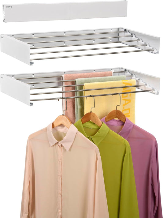 Wall Mounted Laundry Drying Rack, Retractable Clothes Drying Rack for Bathroom with Wall Template, 5 Stainless Rods Heaving 60 lb Capacity (White, 31.5")