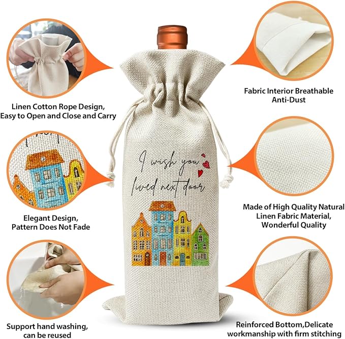 Housewarming Gift Wine Bag, I Wish You Lived Next Door, Housewarming Party Decoration, New Home House Apartment Gift Ideas, Wine Bag for Wine Bottle Gift, House Accessory for Home, Hostess Gift