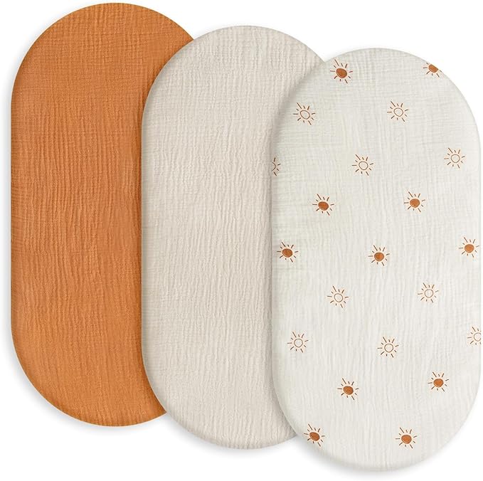 Gllquen Baby Muslin Bassinet Sheets 3 Pack, Breathable Elastic Cozy Fitted Cotton Bassinet Mattress Sheet for Baby Boy Girls, Fit for Hourglass Oval Rectangular Cradle Pad Sheets 33"X17" (Sunshine)