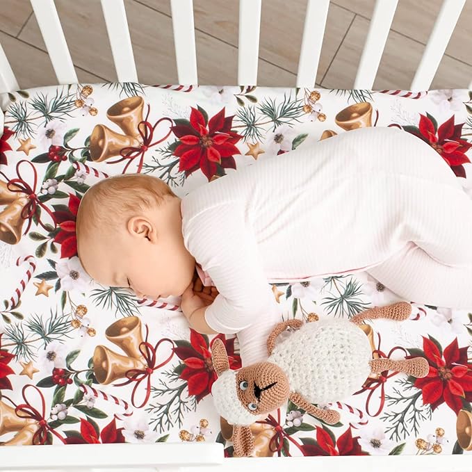 JISEN Baby Crib Sheet 1 Piece Portable Fitted Crib Sheet for Standard Crib and Toddler Mattresses Nursery Bed Decor for Boys Girls 28x52 Inch Christmas Flower