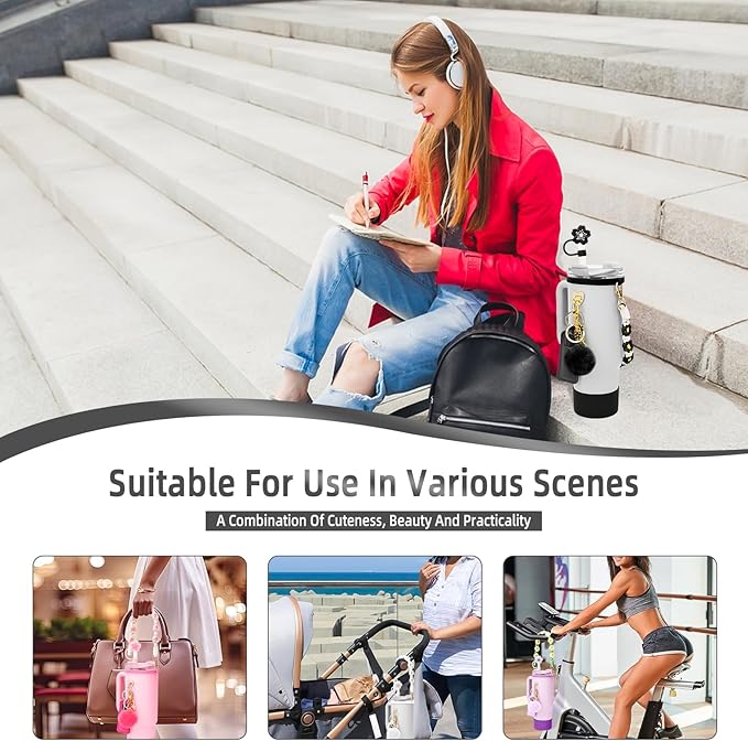 Stanley Cup Accessories Set Including 1 Pcs Water Bottle Handle Strap, 1 Pcs Siliocne Straw Cover, 1 Pcs Siliocne Stanley Cup Boot, 3 Pcs Stanley Charms for Stanley Cup 40oz & 30oz Tumbler - Black