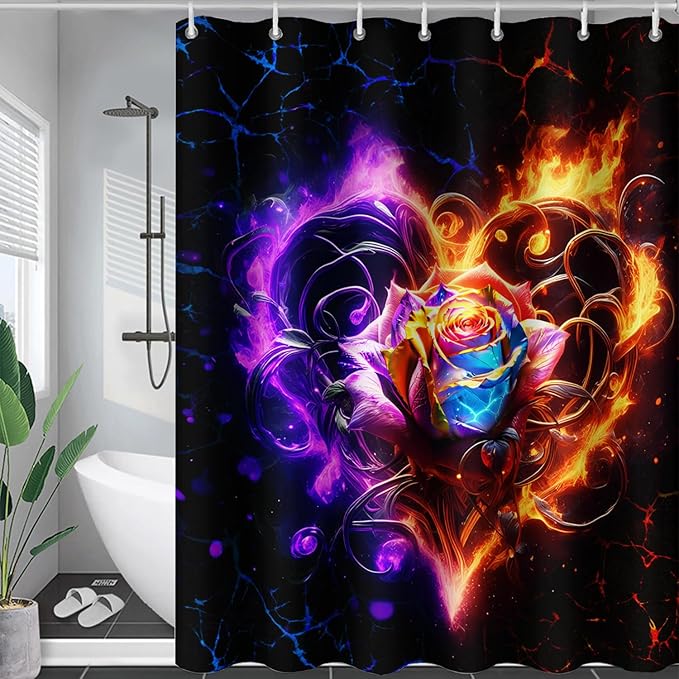 AILONEN Rose Shower Curtain for Bathroom,Purple Red Flame Fire Rose Hearts Print Bath Curtain,Modern Print Decoration Waterproof Shower Curtain with 12 Plastic Hooks, 72" W*72" H