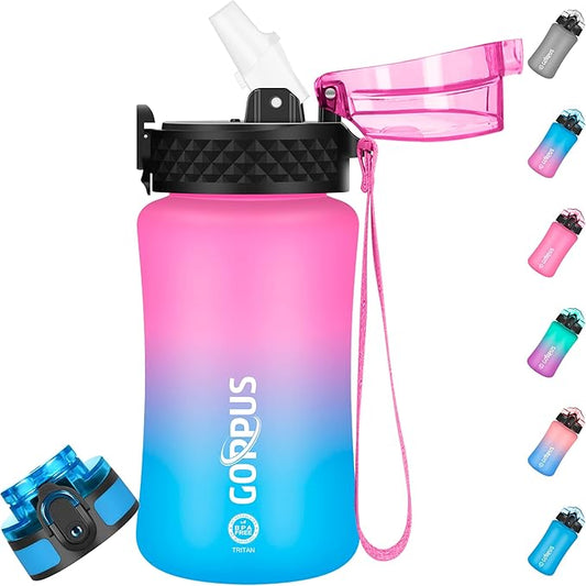GOPPUS Kids Water Bottle with Straw Spout Lid 10pcs Stickers 12 oz Leak-proof BPA Free Motivational Time Marker Tritan Plastic Water Bottles for Girls Boys School Sports
