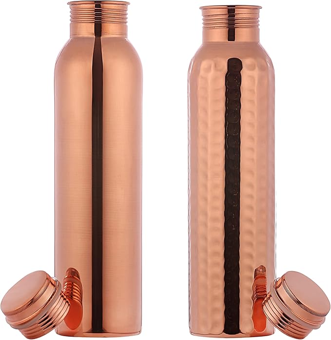 Set of 2 Pure Copper Water Bottles, UNLINED, UNCOATED and LACQURE FREE for Ayurvedic Health Benefits 1000 ML