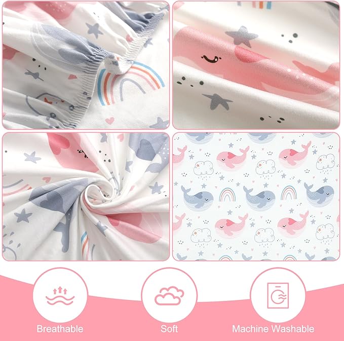 Pack n Play Fitted Sheet .2 Piece Mini Crib Sheet. Stretch Playard Sheet Portable Sheet Set. Elastic Convertible Playard Pad. Compatible with Graco Pack n Play (Rainbow Whale & Elephant)