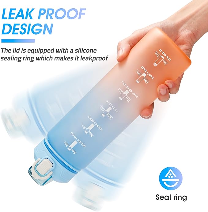 Motivational Water Bottle with Time Marker- 32oz Water Bottles with Times to Drink, Leakproof & BPA Free Sports Water Bottle with Straw & Carry Strap for Fitness, Gym, and Outdoor Sports