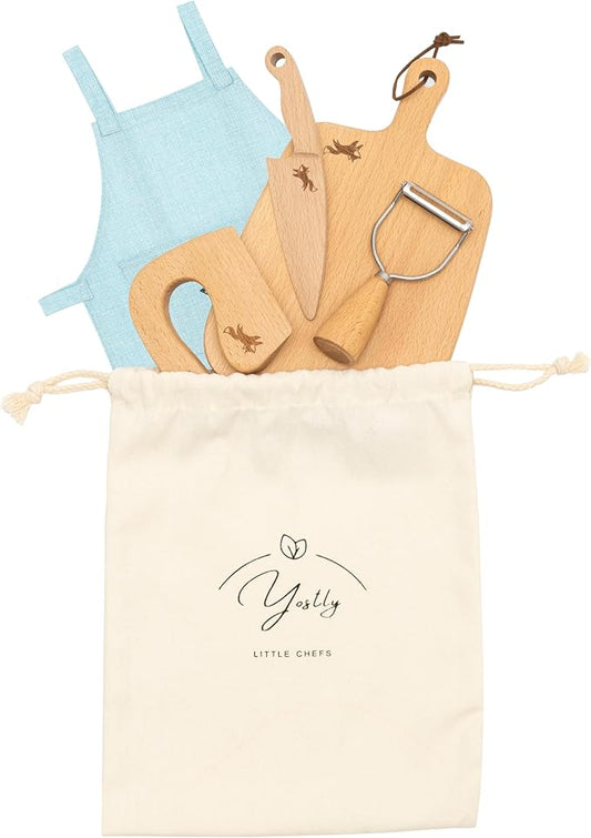 Kids Cooking Sets Real, 6 Piece Wooden Cooking Set for Kids with Montessori Kitchen Tools & Kids Aprons for Cooking, Food Grade Approved, Toddler Kitchen Set with Toddler Apron