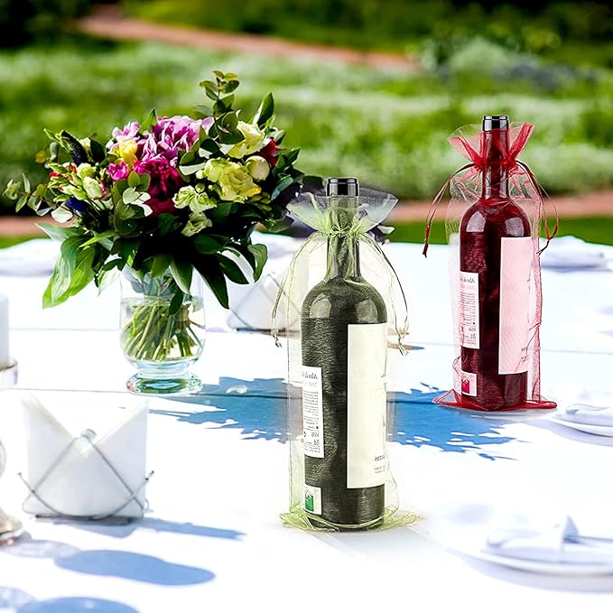 CAIRIAC Wine Bags for Wine Bottles Gifts, Mesh Gift Bags with Drawstring, Fancy Sheer Organza Bags for Wedding, Bridal, Baby Shower, Party Favors Wapping Gift (40 Pcs, 6x14, Red, Gold, Black, Green)