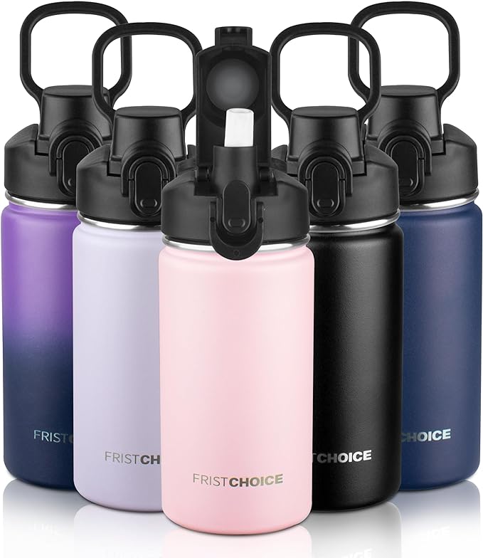 Kids Insulated Water Bottle with Straw,14oz Stainless Steel Water Bottle,BPA-free and Leak-proof,Double Wall Vacuum Water Flask for School,Gifts for Boys and Girls（14oz,Pink）