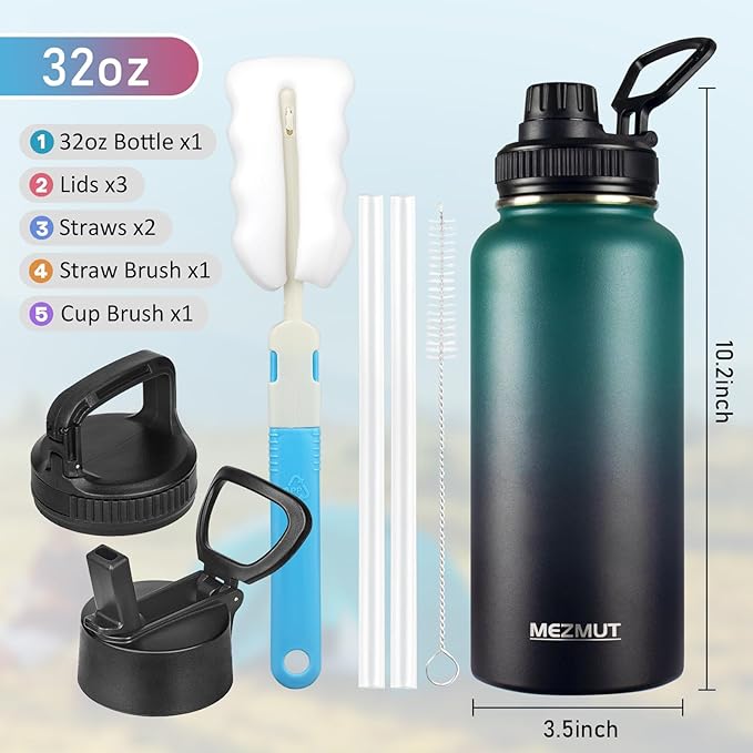 Stainless Steel Water Bottles 32oz Insulated Water Bottle with Straw&3 Lids Double Walled Sports Metal Thermos Water Bottle Cup Leak-Proof Vacuum Insulated Bottles Travel (Gradient Green Black)