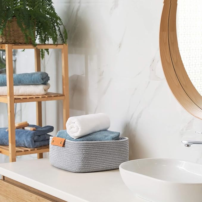 CHICVITA Rectangle Cotton Rope Woven Basket with Handles for Books, Magazines, Toys - Decorative Rectangle Basket for Baby Nursery, Living Room, Bathroom, Grey