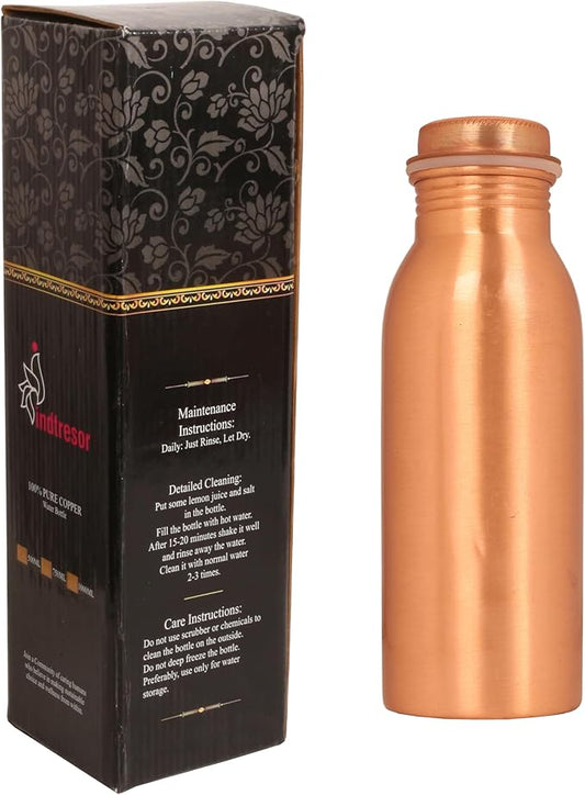 Pure Copper Water Bottle - Handcrafted - Ayurveda health benefits - Large 17.50 oz - Leak proof - Easy to carry for Sports, Fitness, Yoga, School - Natural Copper Finish