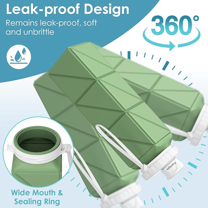 Collapsible Water Bottles 20.7oz Leakproof with Straw Lid Food-Grade BPA-Free Silicone Travel Foldable Water Bottles for Sports Office Gym Hiking Driving 610ML (Light Purple+Army Green)