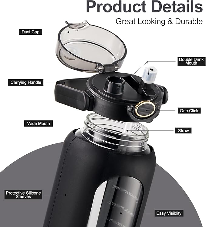 TKK 64 OZ Glass Water Bottle with Straw and Handle Half Gallon Bottle with Silicon Sleeve 2L Sports Water Bottles for Fitness, Gym, Workout - Black