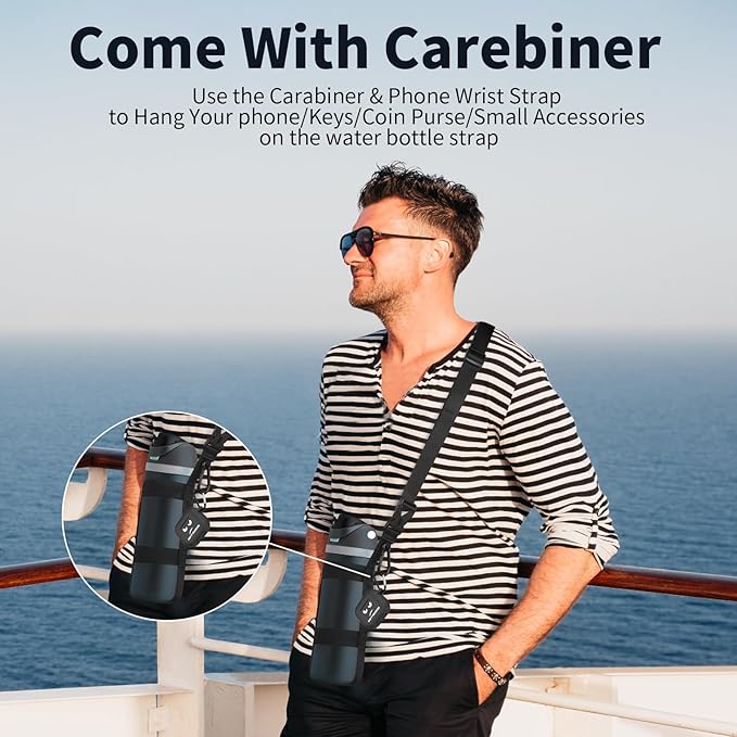 Water Bottle Holder Strap, for 16oz/24oz/32oz/64 oz Owala Hydro Flask IRON °FLASK Universal Water Bottles, with Carabiner，Phone Wrist Strap & Tether Tab, Hand Free for Hiking Travelling Camping