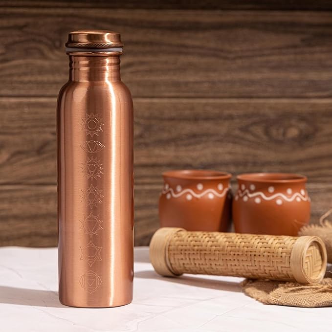 Pure Copper Metal Water Bottle - 32 oz - Indian Handmade Ayurveda Healing Drinking Water Bottle for Travel, Hiking, Gym, Office, Outdoor - Glossy Seven Chakras