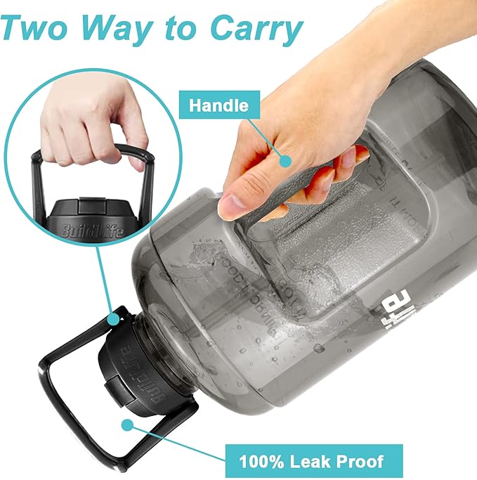 QuiFit 1 Gallon Water Bottle - with Straw & Motivational Time Marker Leak-Proof BPA Free Reusable Gym Sports Outdoor Large(128OZ) Capacity Water Jug(Grey,1 Gallon)