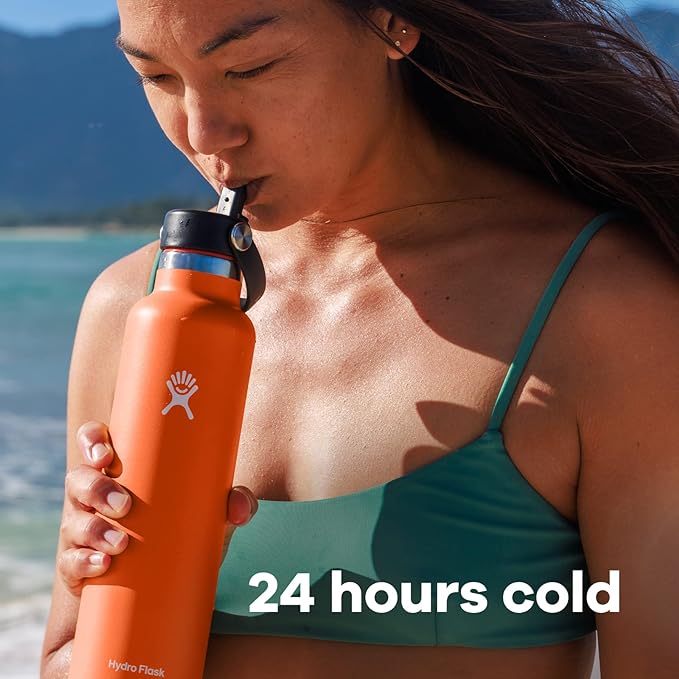Hydro Flask 24 Oz Stainless Steel Standard Mouth Water Bottle with Flex Straw Cap and Double-Wall Vacuum Insulation