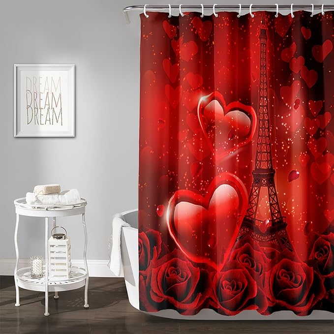 AILONEN Red Rose Shower Curtain for Bathroom, Romantic Eiffel Tower Love Hearts Printed Bathroom Curtain,72" W*84" H Polyester Waterproof Bath Curtain with 12 Hooks