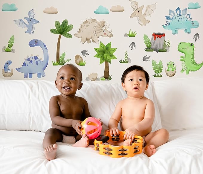 Dinosaur Wall Decals by Lipastick - Watercolour Dinosaur Kids Wall Stickers - Dinosaur Footprints Silhouettes Decals for Walls – Peel and Stick Decal for Kids Bedroom Nursery S Size