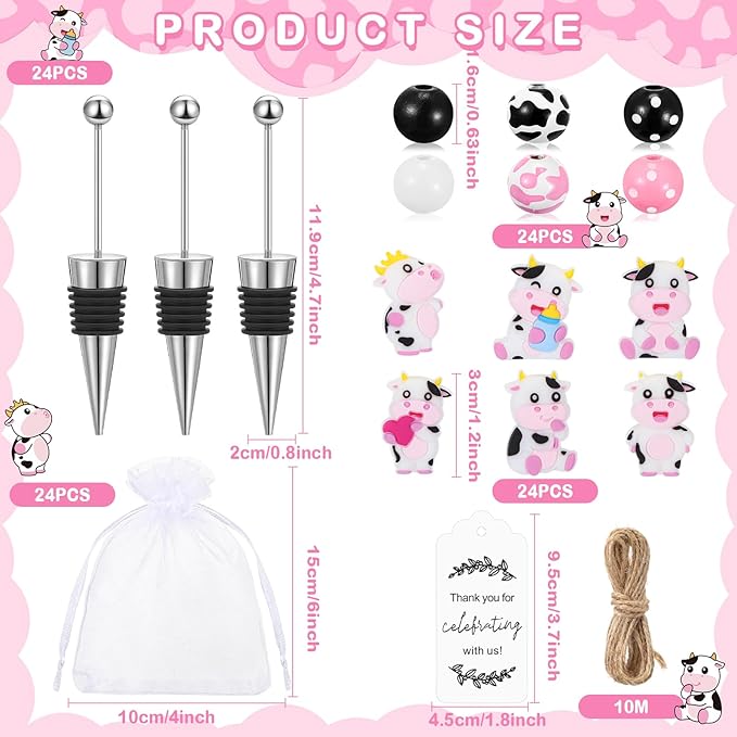 Gisafai 24 Set Cow Beadable Wine Stoppers Baby Shower Wedding Favors for Guests Decorative Beaded Wine Bottle Stopper with Cow Beads Organza Bag Tag for Wedding Cow Party Favor Souvenirs Gifts