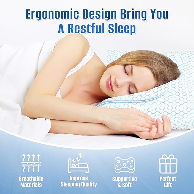 Shredded Memory Foam Pillow for Sleeping, Cooling Bed Pillows Set of 2, Adjustable Pillows for Side, Back, Stomach Sleepers with Washable Pillowcase (Queen Size, Blue)